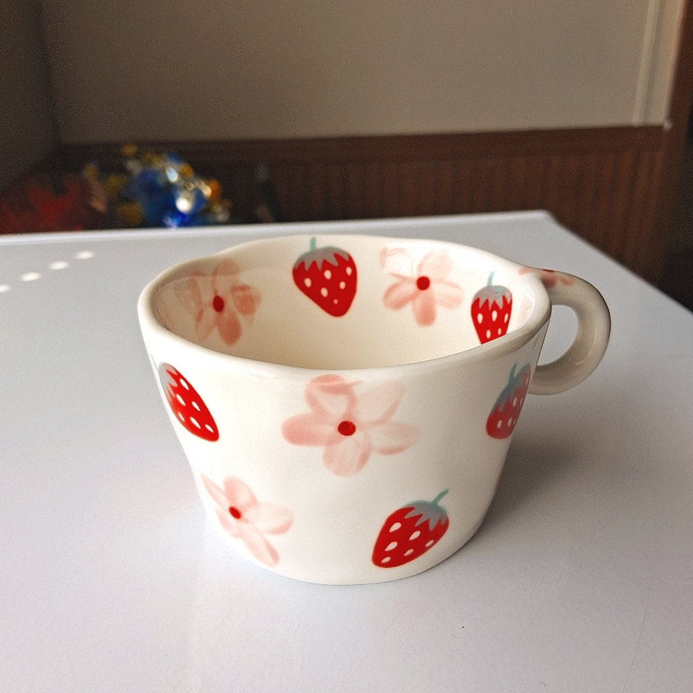 Ceramic, trendy mug with pink flowers and strawberries